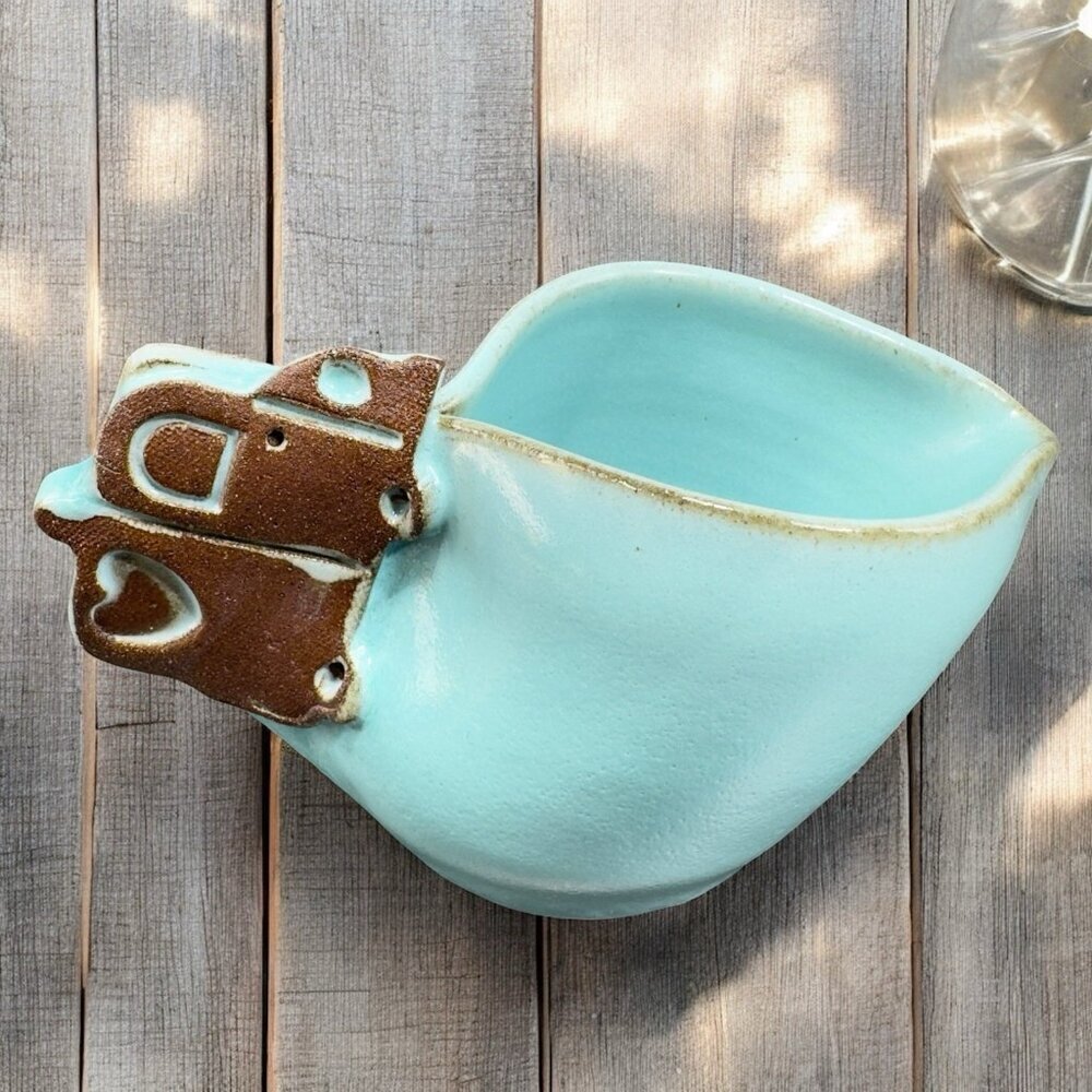 Hand Made Studio Art Pottery‎ Creamer Small Pitcher RedWare Teal Blue Glaze Dish